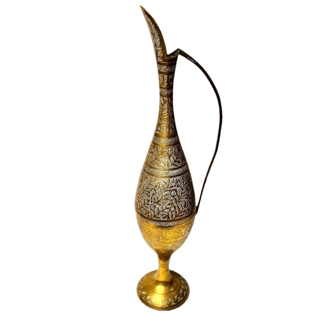 BMI Signed Vintage Etched Solid Brass Pitcher Urn Vase Approximately 12 In Tall